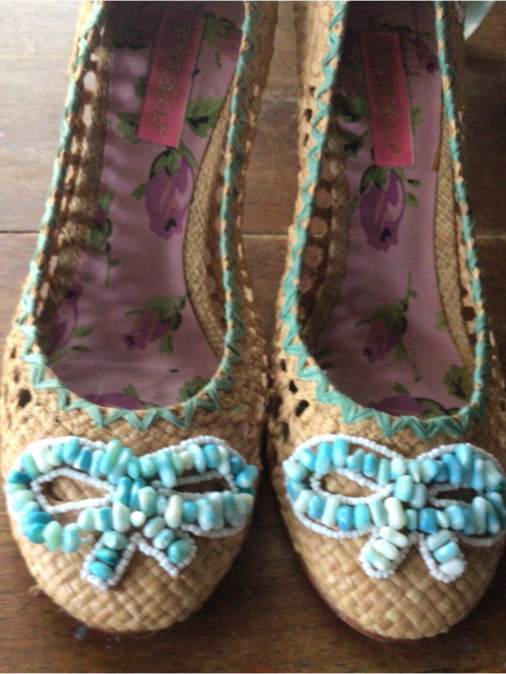 Betsey Johnson Raffia Wedge Heels with Turquoise Beaded Bow